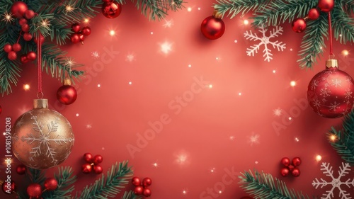 A festive Christmas background with a red and green color scheme, adorned with sparkling lights, ornaments, and snowflakes, cheerful