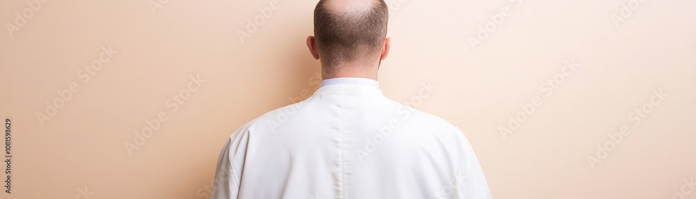 A person in a white coat stands with their back to a plain wall. A person in a white coat stands with their back to a plain wall.