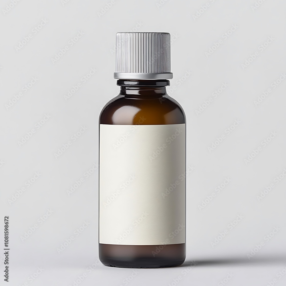 Brown Glass Bottle with Silver Lid and Blank Label Brown Glass Bottle with Silver Lid and Blank Label