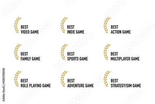 Game award nomination and winner,  best video action, role playing, adventure, racing, strategy game - black and golden laurel vector icon pack