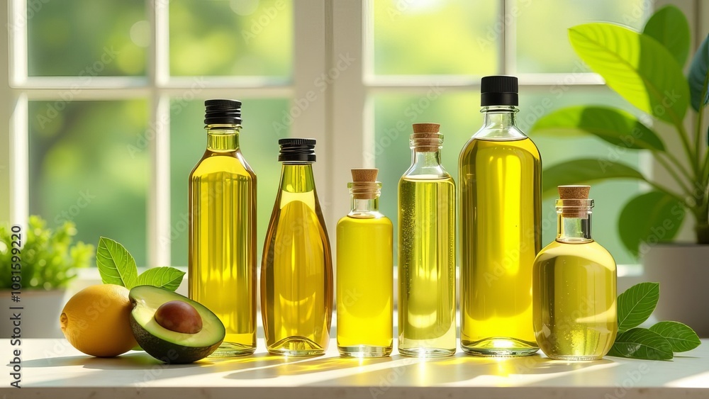 A row of glass bottles of different sizes and shapes, all containing oil A row of glass bottles of different sizes and shapes, all containing oil