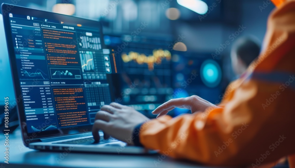 Fototapeta premium Data analysis action by technicians in a control room digital display environment close-up viewpoint technology insights