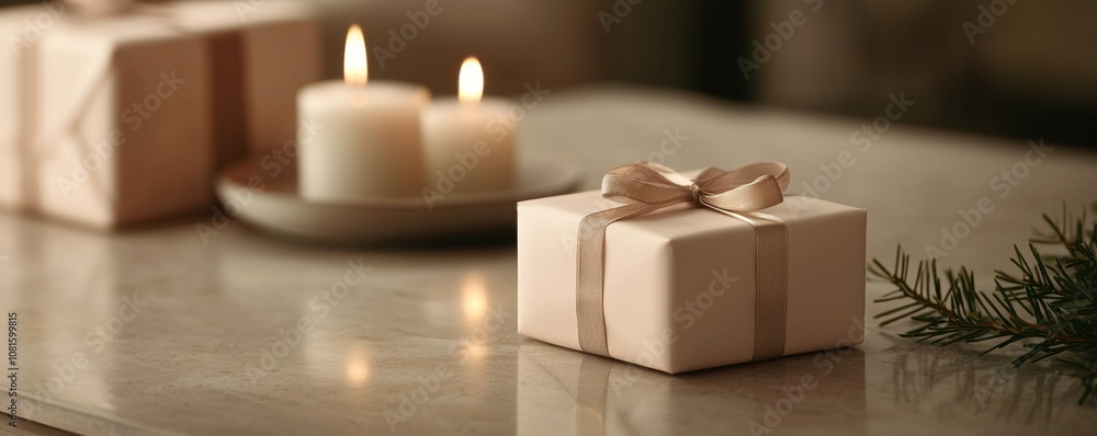 A beautifully wrapped gift with a ribbon placed on a table beside lit candles, creating a warm and inviting atmosphere. A beautifully wrapped gift with a ribbon placed on a table beside lit candles, creating a warm and inviting atmosphere.