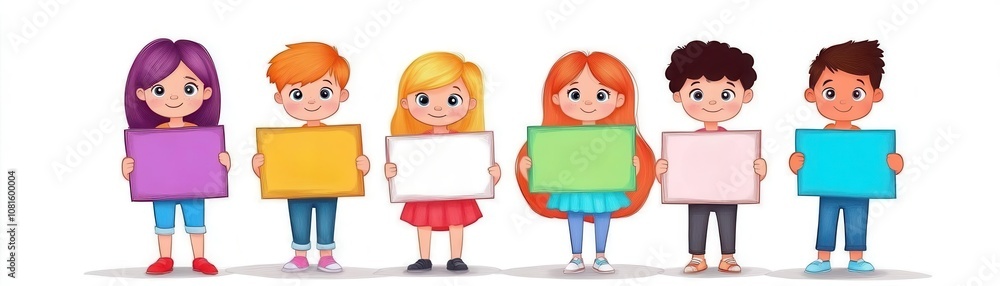children holding signs flat design front view preschool theme cartoon drawing children holding signs flat design front view preschool theme cartoon drawing