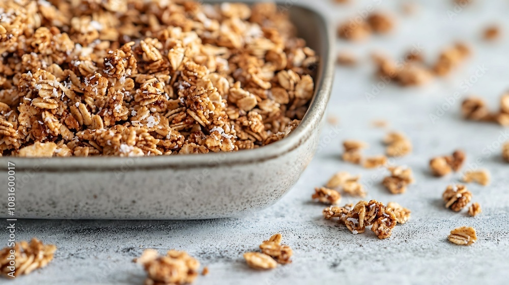 Natural Coconut Sugar, Organic Granola Cereal Scattered on Textured Surface with Vibrant Lighting Natural Coconut Sugar, Organic Granola Cereal Scattered on Textured Surface with Vibrant Lighting