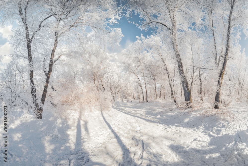 A snowy forest path with tall trees covered in frost and long shadows on the ground. A snowy forest path with tall trees covered in frost and long shadows on the ground.
