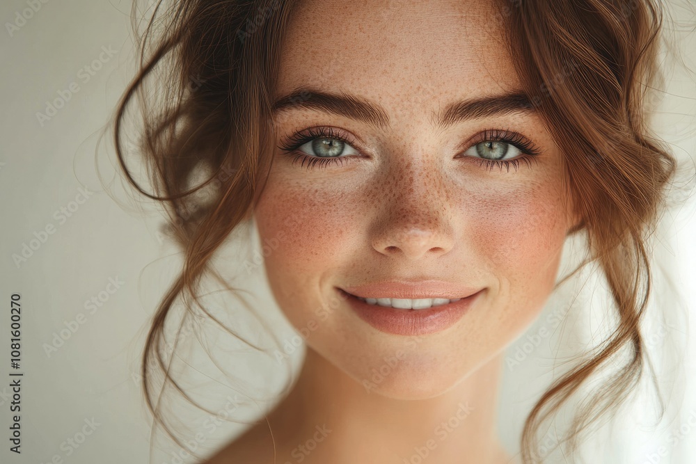 Portrait of smiling gorgeous freckled woman with brown hair and green eyes Portrait of smiling gorgeous freckled woman with brown hair and green eyes