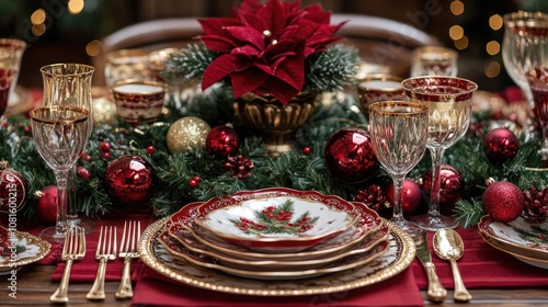 Christmas table setting decorated with festive poinsettia, ornaments, and greenery