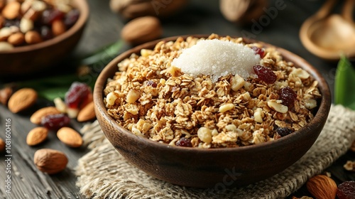 Natural Coconut Sugar, Healthy Homemade Granola Bowl with Coconut Sugar and Assorted Nuts