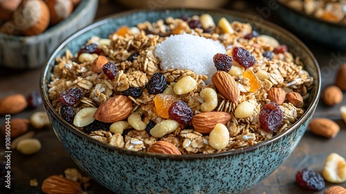 Natural Coconut Sugar, Artisanal Granola Medley with Nuts and Dried Fruits in a Ceramic Bowl