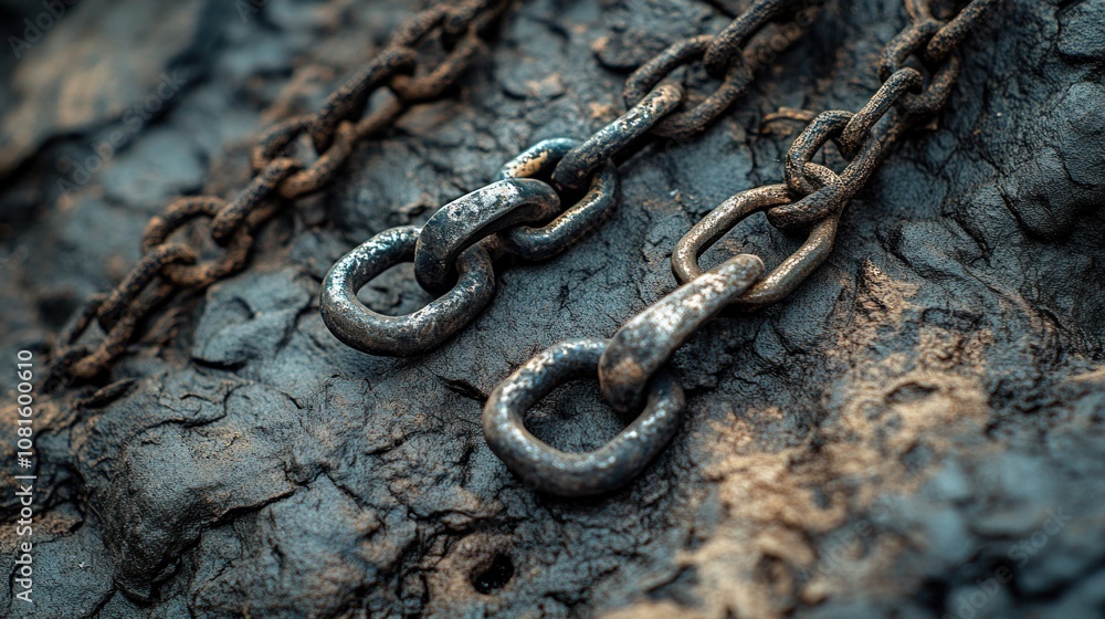 Two rusty chains lying on a textured surface.