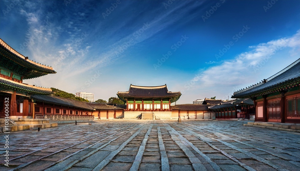 Fototapeta premium The Historic Temples and Palaces of Seoul, South Korea, Including Gyeongbokgung Palace and Jogyesa Temple, Reflecting a Fusion of Traditional Korean Architecture and Modern Urban Life