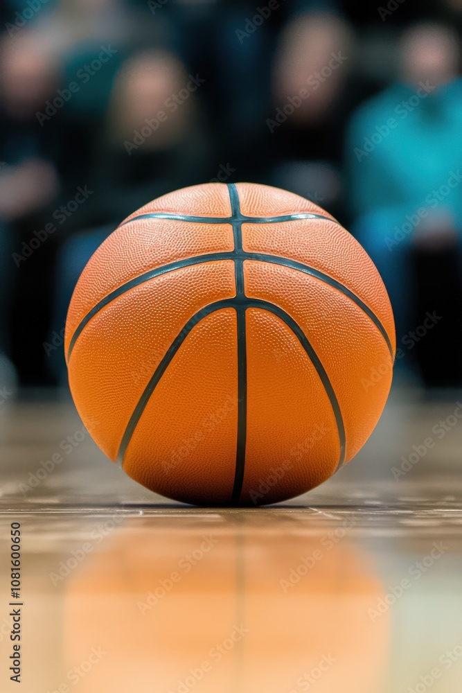 A close-up of a basketball resting on a polished court, with a blurred audience in the background, highlighting its texture and vibrant orange color. A close-up of a basketball resting on a polished court, with a blurred audience in the background, highlighting its texture and vibrant orange color.
