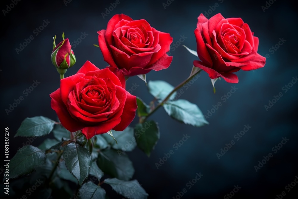 Red roses on a dark background, with soft light highlighting their rich color and delicate petals Red roses on a dark background, with soft light highlighting their rich color and delicate petals