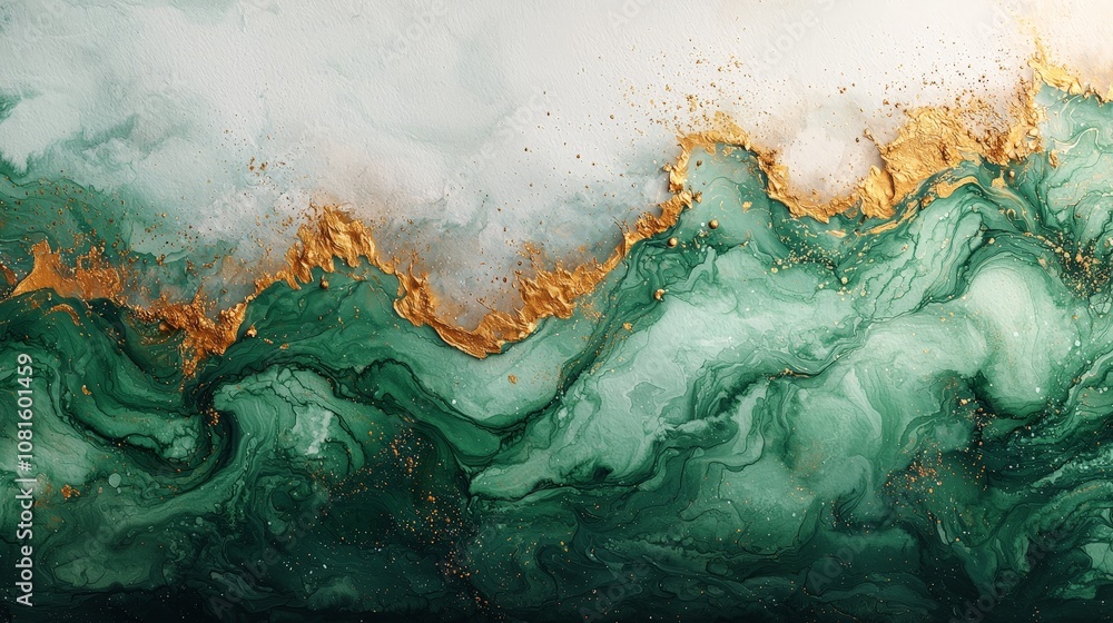 Abstract artwork featuring green and gold fluid patterns resembling waves. Abstract artwork featuring green and gold fluid patterns resembling waves.