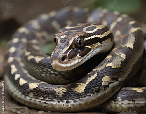 Close-up of copperhead snake in the leaves 