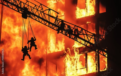 Silhouettes of Bravery: Firefighters Rescue People from a Fiery Building photo