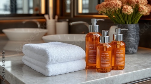 Two white towels and three amber bottles of bath products on a white counter with a vase of orange flowers in the background.