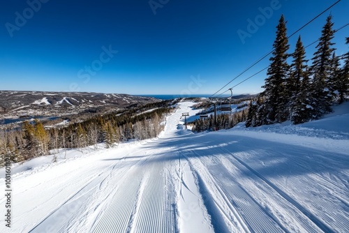Scenic mountain landscape with ski tracks winding down the slope, untouched snow and clear sky