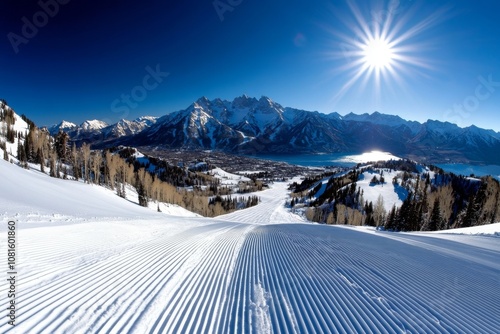 Scenic mountain landscape with ski tracks winding down the slope, untouched snow and clear sky