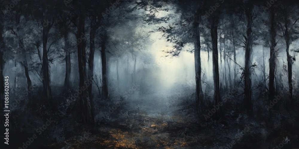 Naklejka premium A misty forest path leads to a bright light in the distance, creating a sense of mystery and hope.