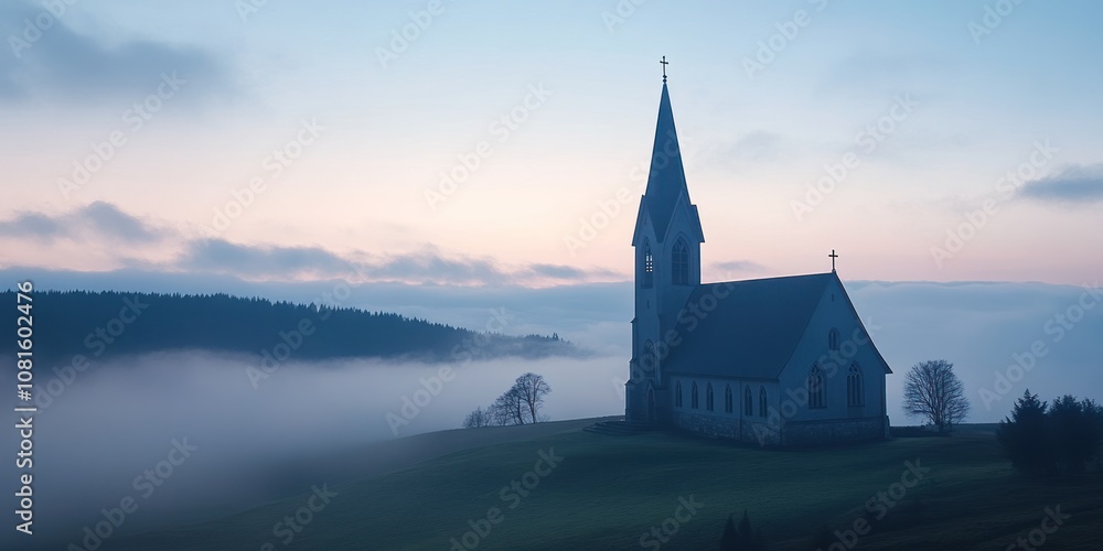 A serene church silhouette against a misty landscape at dawn. A serene church silhouette against a misty landscape at dawn.