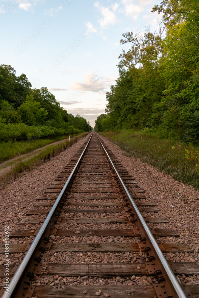 A beautiful view of train tracks off to the horizon surrounded by greenery. A beautiful view of train tracks off to the horizon surrounded by greenery.