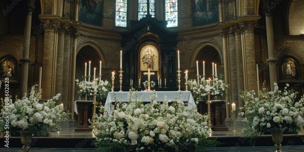 A decorated altar in a church, adorned with flowers and candles for a solemn occasion. A decorated altar in a church, adorned with flowers and candles for a solemn occasion.