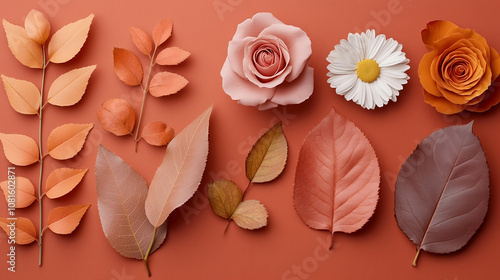 Flat lay of various leaves, flowers, and petals in autumnal colors on a terracotta background. photo