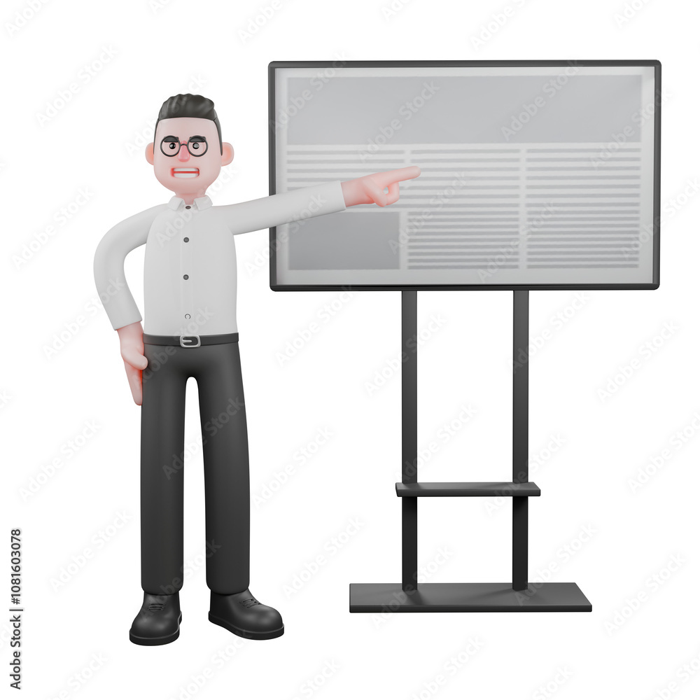 Cartoon Filmmaker Producer. A male producer stands with his left hand pointing to the whiteboard to his left. 3D Style Cartoon Filmmaker Producer. A male producer stands with his left hand pointing to the whiteboard to his left. 3D Style