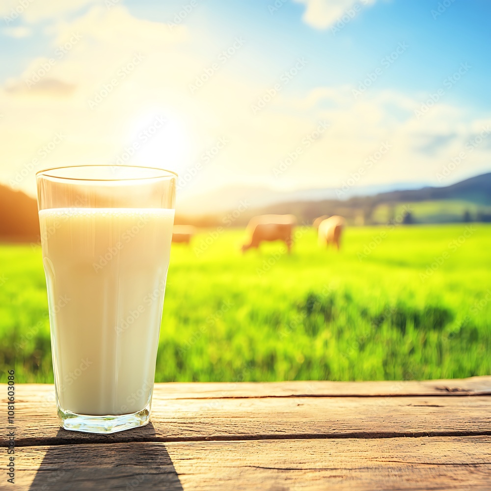 Glass of Milk on Wooden Table with Sunny Meadow and Cows in Background Glass of Milk on Wooden Table with Sunny Meadow and Cows in Background