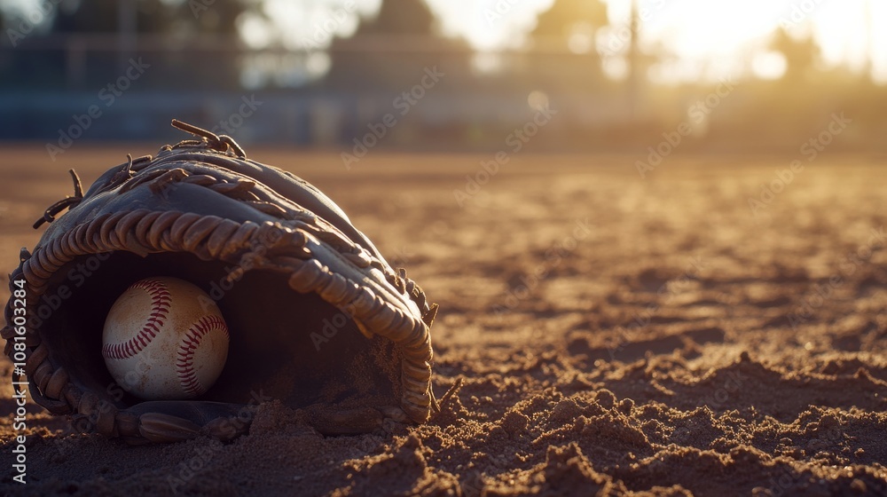 A baseball glove and ball on the infield dirt, outdoor setting on a sunny day, Rustic style A baseball glove and ball on the infield dirt, outdoor setting on a sunny day, Rustic style