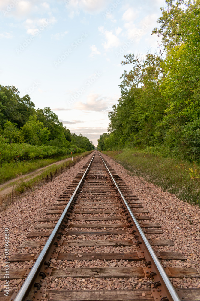 A beautiful view of train tracks off to the horizon surrounded by greenery. A beautiful view of train tracks off to the horizon surrounded by greenery.