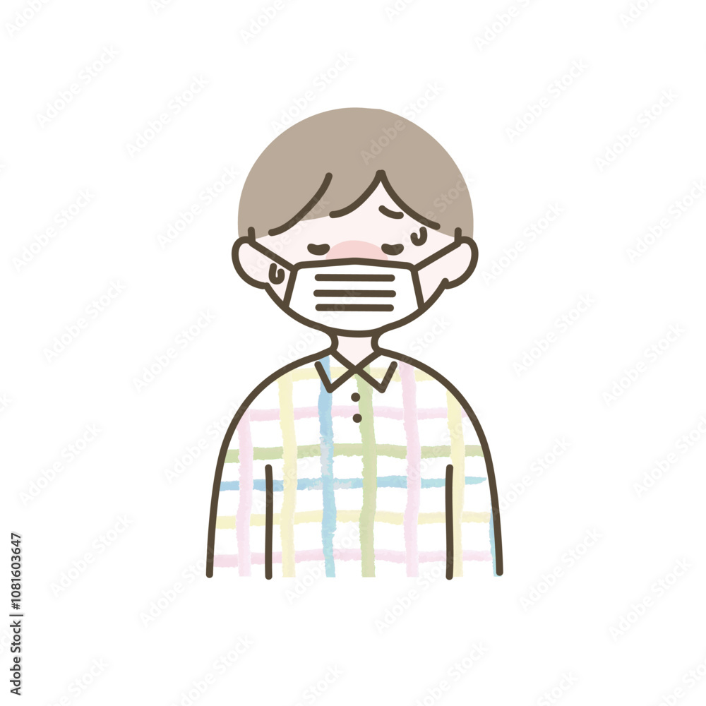 風邪を引いたマスクを付けた男の子のイラスト 風邪を引いたマスクを付けた男の子のイラスト