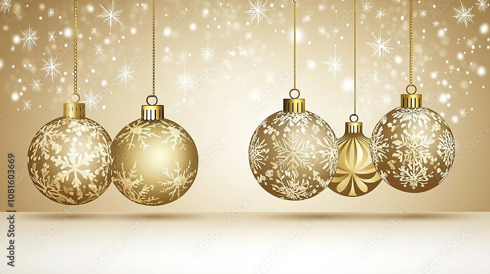 Four golden Christmas ornaments with snowflake designs hang against a sparkly background. Four golden Christmas ornaments with snowflake designs hang against a sparkly background.