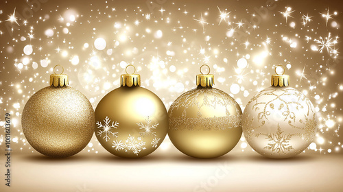 Four golden Christmas baubles with white snowflake designs on a sparkling background.