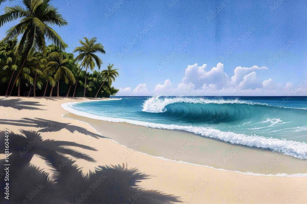 Watercolor painting of a tropical beach scene, with soft waves and palm trees swaying