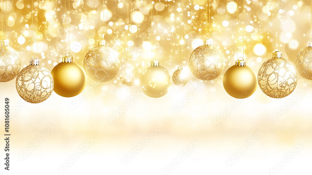 Golden Christmas ornaments with a blurred background of sparkling lights.