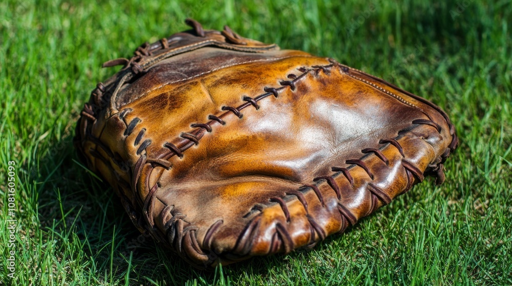 A baseball glove with worn leather and stitching details, outdoor setting on green grass field, Classic style A baseball glove with worn leather and stitching details, outdoor setting on green grass field, Classic style