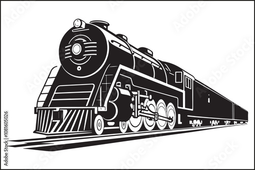  "A detailed silhouette of a vintage steam locomotive on train tracks, with dramatic contrast and a bold black and white design. The locomotive should have distinct features such as large wheels, 