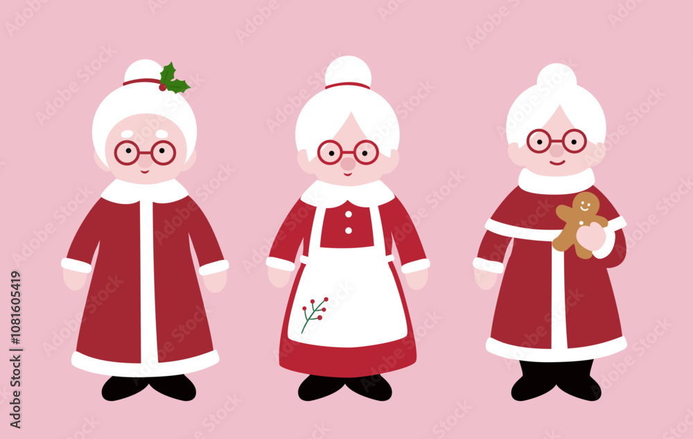 Set of cute Mrs Claus flat vector illustration.
Christmas santa claus wife cartoon. Set of cute Mrs Claus flat vector illustration.
Christmas santa claus wife cartoon.