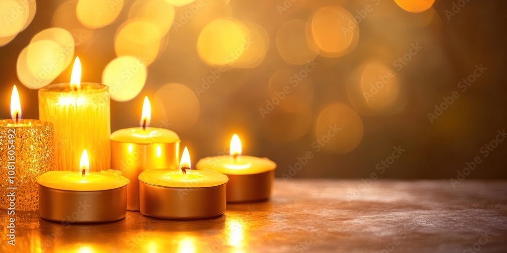 A serene arrangement of lit candles creating a warm, inviting atmosphere. A serene arrangement of lit candles creating a warm, inviting atmosphere.