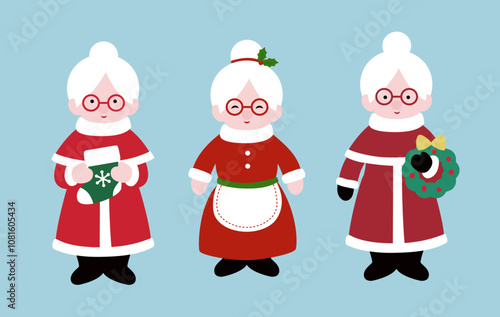 Set of cute Mrs Claus flat vector  illustration.
Christmas santa claus wife cartoon.