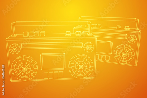 Retro Boombox outdated portable cassette tape recorder. Wireframe low poly mesh vector illustration.