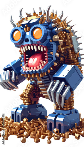 A colorful robot monster made of screws and bolts stands on a pile of hardware, showcasing creativity in design and craftsmanship photo