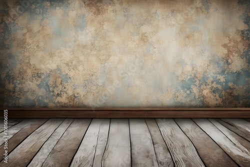 Grunge texture with a distressed wallpaper above and a weathered wooden floor, AI Generated