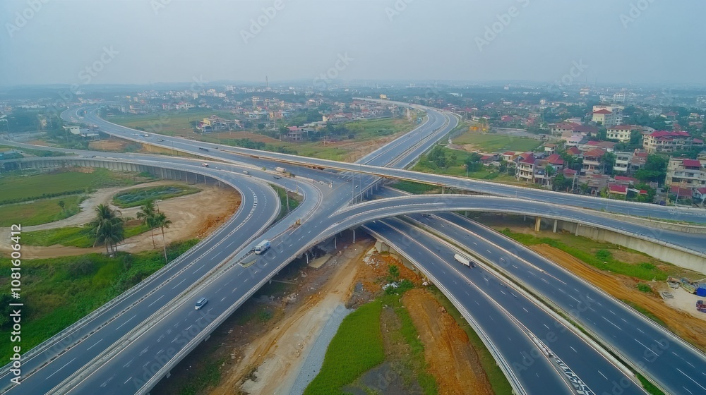 Aerial view of a multi-level highway interchange with cars driving on the road. Aerial view of a multi-level highway interchange with cars driving on the road.