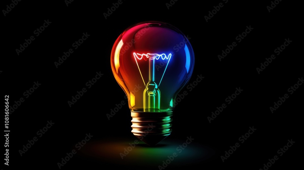 A colorful glowing idea bulb lamp, visualization of brainstorming, bright idea and creative thinking A colorful glowing idea bulb lamp, visualization of brainstorming, bright idea and creative thinking