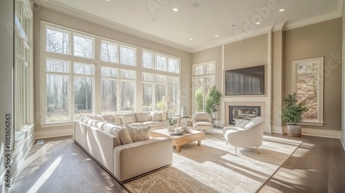 Family room with minimalist decor, neutral beige tones, soft textures, large windows, and sunlight streaming in 