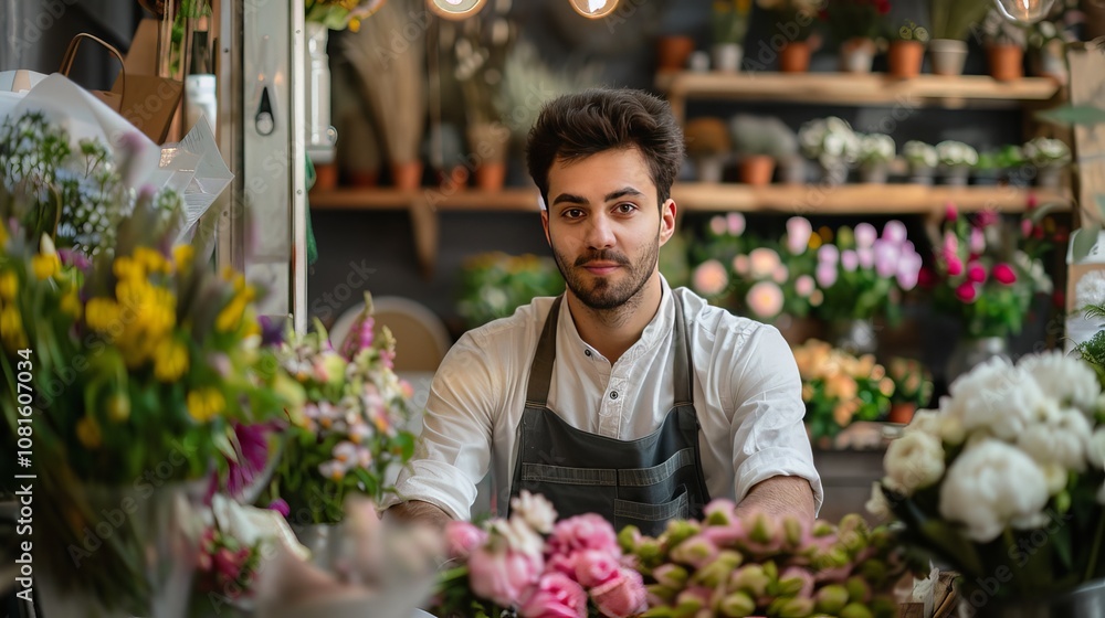 Creative Florist in Uniform Sitting in His Workspace, Surrounded by Beautiful Blooms and Ready to Design Stunning Floral Arrangements Creative Florist in Uniform Sitting in His Workspace, Surrounded by Beautiful Blooms and Ready to Design Stunning Floral Arrangements